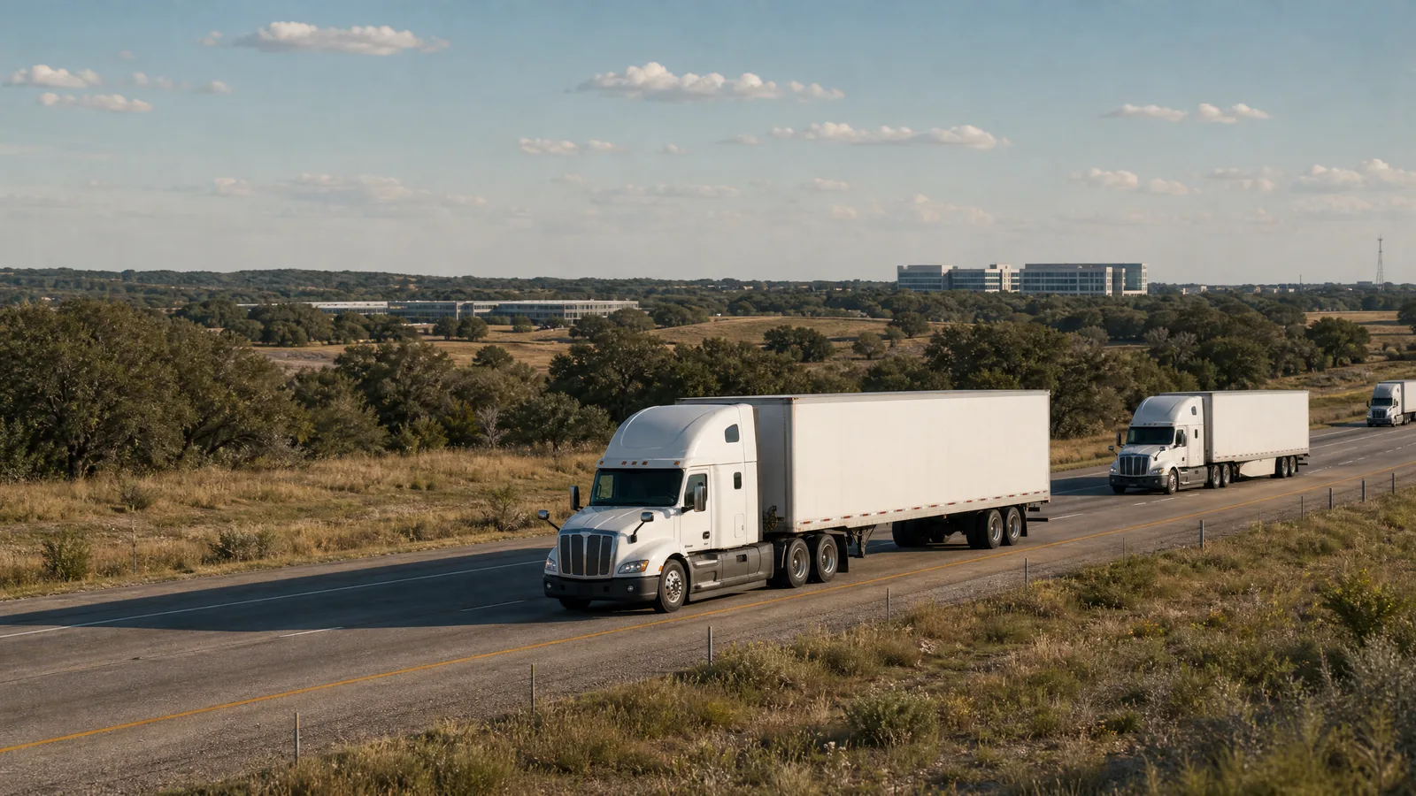 Semi trucks on the I-35 corridor through hill country outside Austin