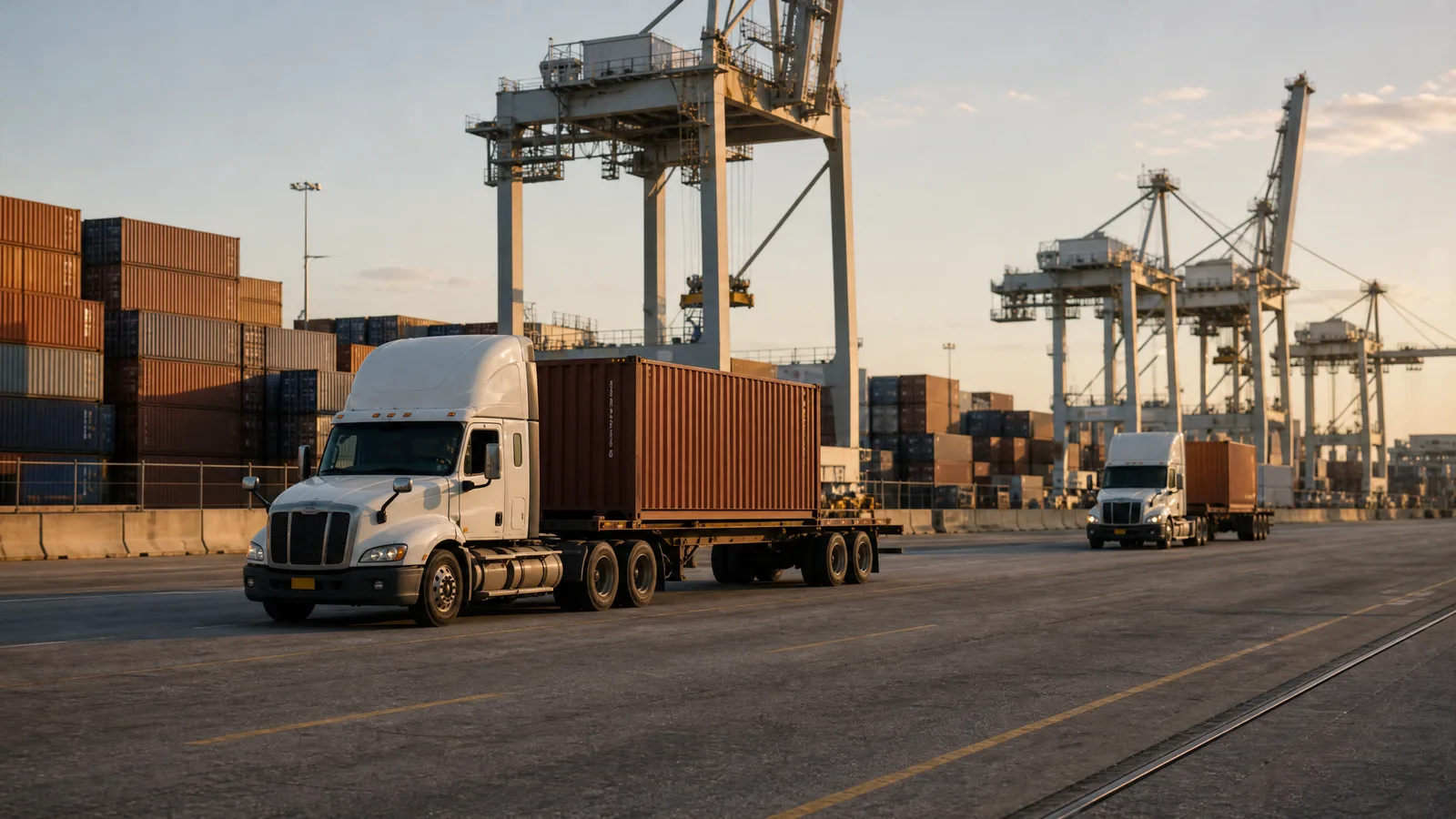 Drayage trucks hauling containers at the Port of Houston beneath gantry cranes