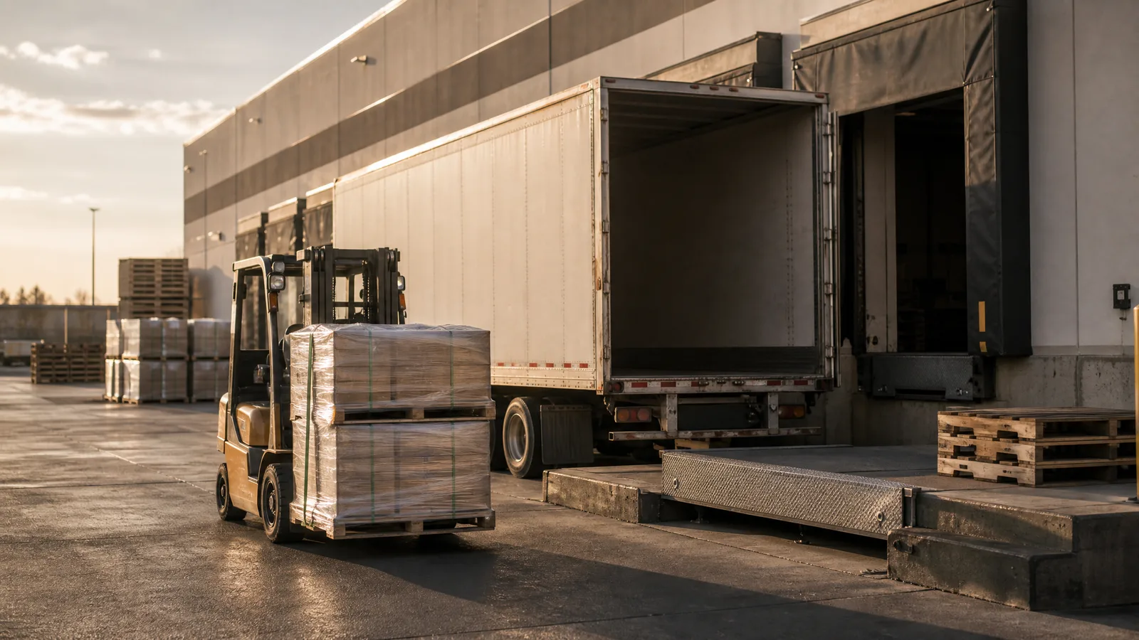 Forklift carrying a pallet on the apron beside a trailer backed into a dock