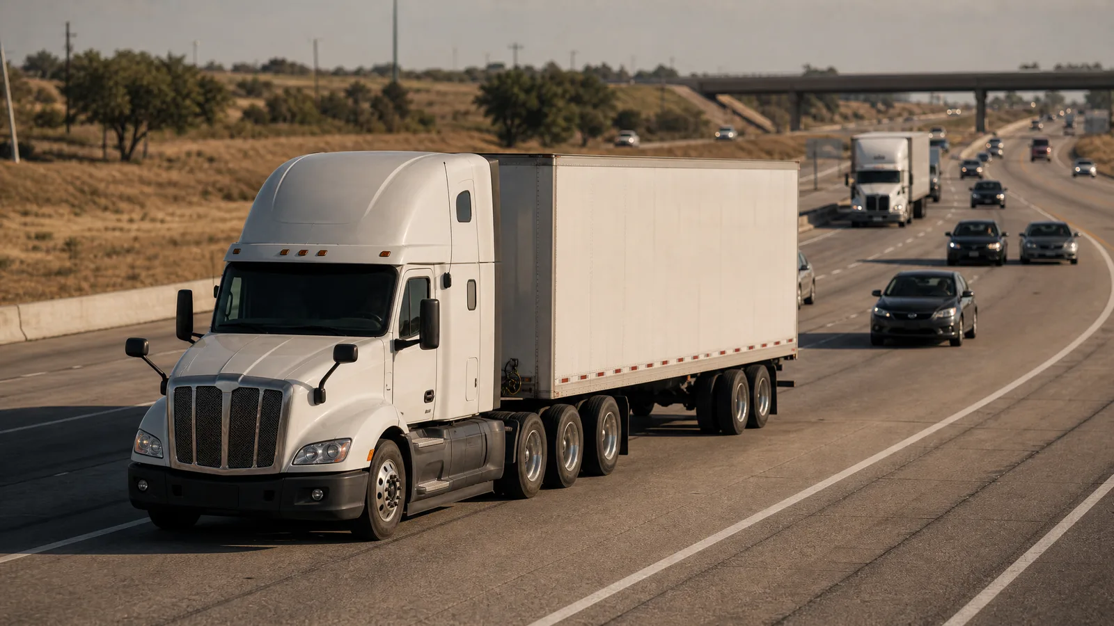 Semi truck merging onto a busy multi-lane interstate alongside passenger traffic
