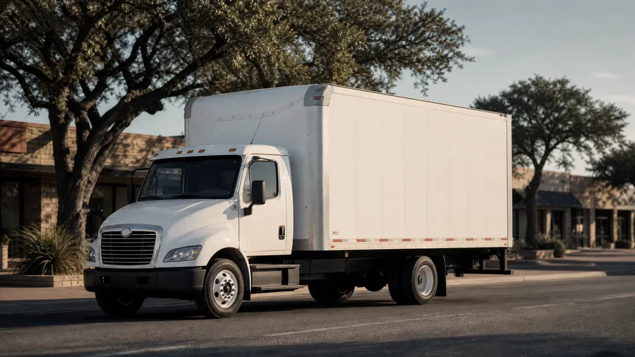 Box truck parked on a Texas suburban commercial street