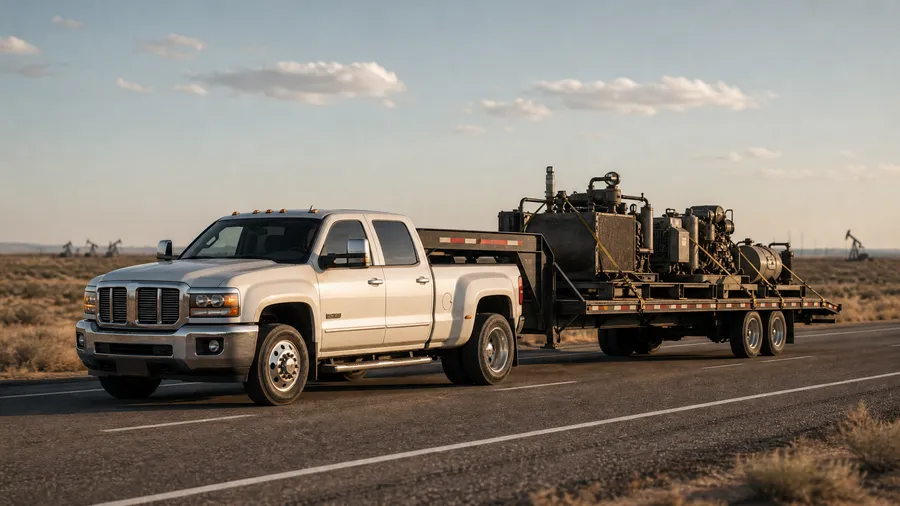Dually pickup pulling a gooseneck trailer of oilfield equipment in West Texas