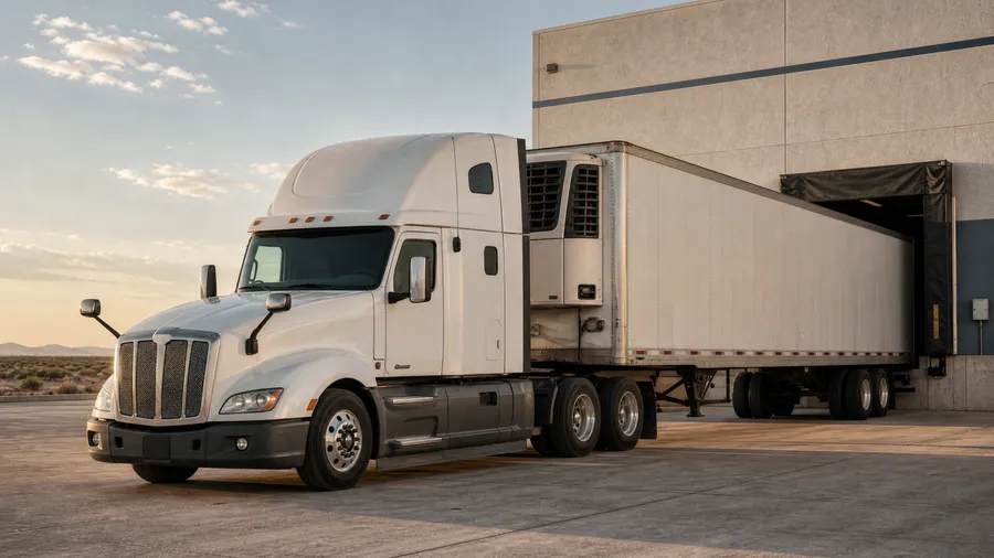 Refrigerated trailer with its nose-mounted cooling unit at a cold storage dock